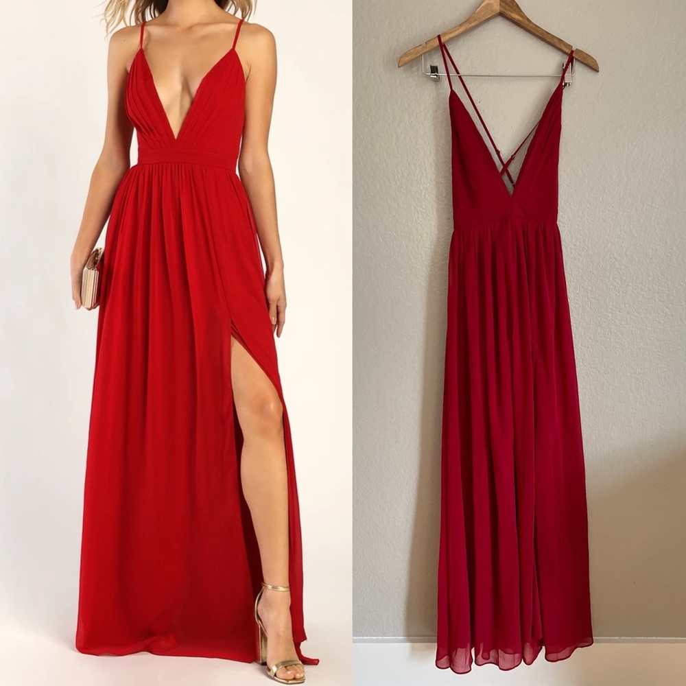 Bliss Red Pleated Maxi Dress Gown Prom